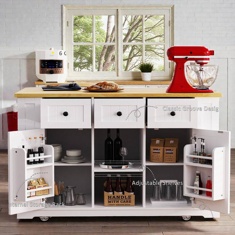 53" Large Kitchen Island with Drop Leaf, Power Outlet, Rolling Cart with Internal Door Racks, Wheels