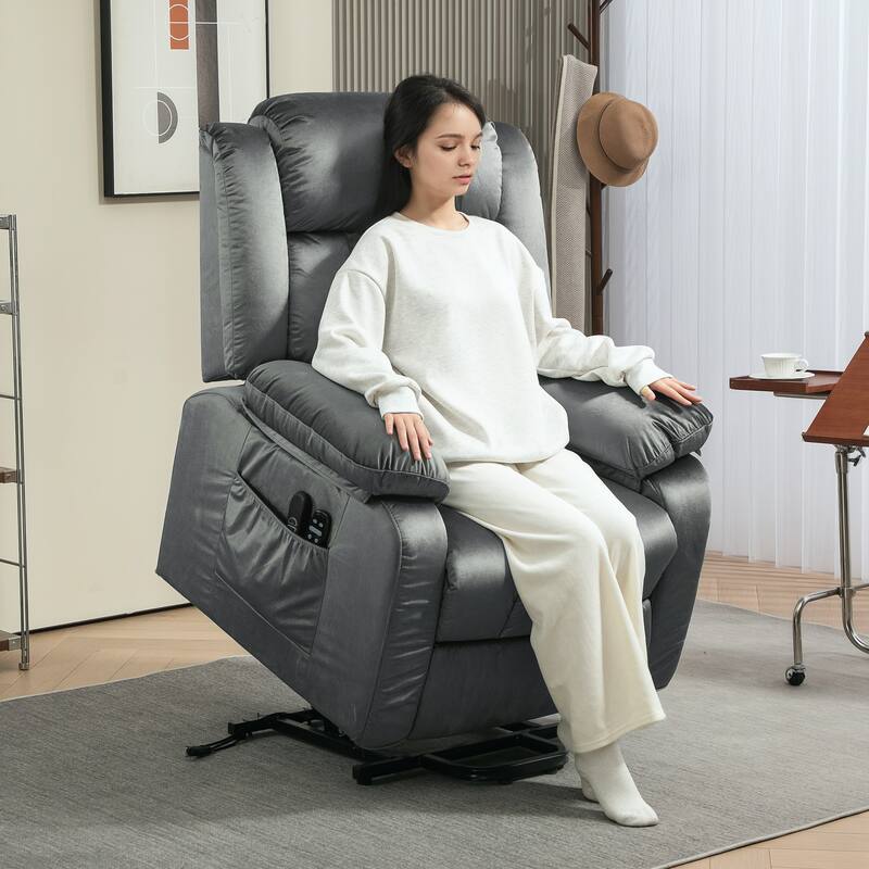 Grey Velvet Comfort Power Recliner Chair with Massage Lumbar Heat and USB Ports Remote Control
