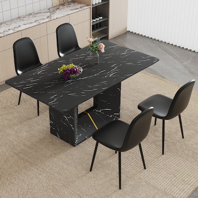 Modern Dining Table Set with Marble Pattern Top, O-Shaped Legs, Waterproof Cat Paw Leather Chairs, Non-Slip Feet