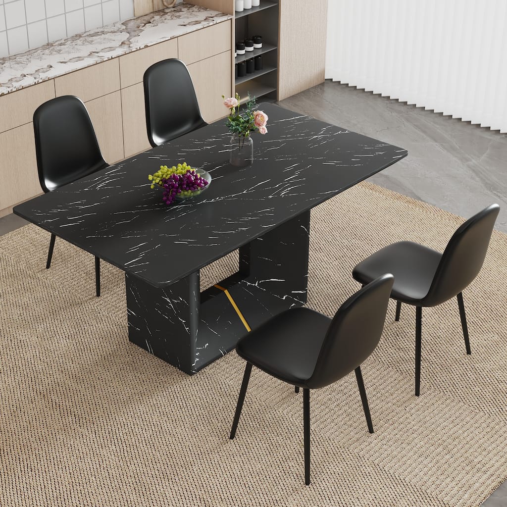 Modern Dining Table Set with Marble Pattern Top, O-Shaped Legs, Waterproof Cat Paw Leather Chairs, Non-Slip Feet