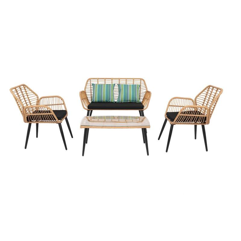 Patio 4-Piece PE Rattan Conversation Set with Black Cushions - Yellow
