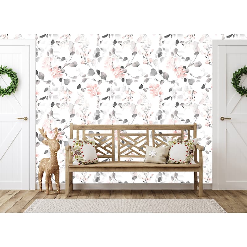 Pink Eucalyptus Leaves Peel and Stick Wallpaper 10'L x 24''W - Grey
