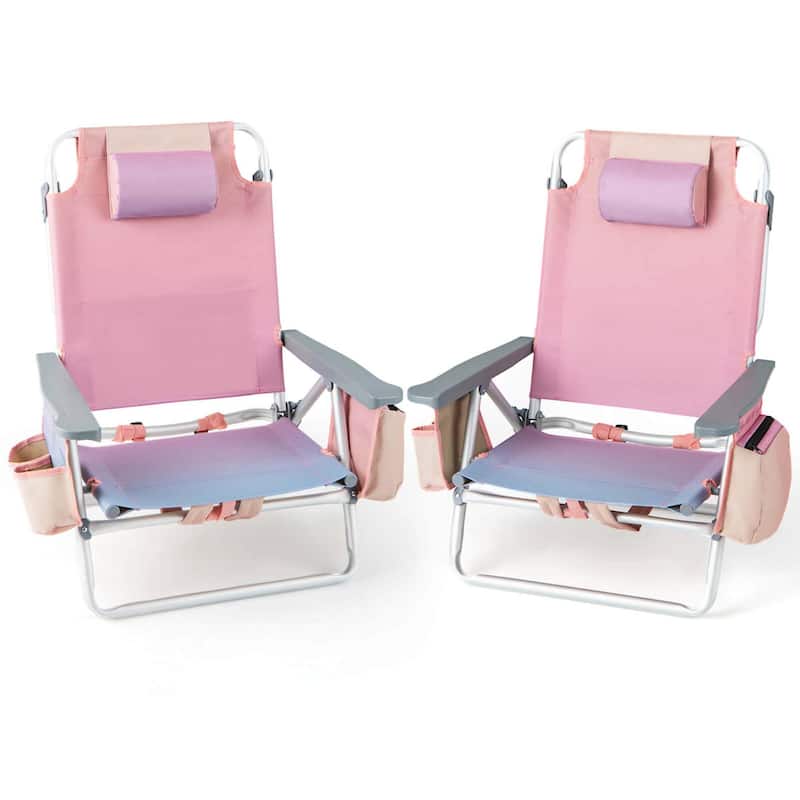 Set of 2 Backpack Beach Chair 5-Position Lay Flat Beach Chairs - Pink