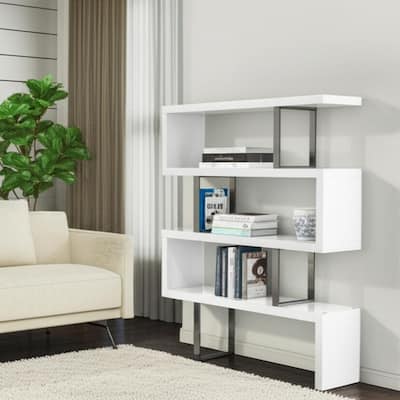 HomeRoots 67" White And Silver Metal and Wood Three Tier Etagere Bookcase