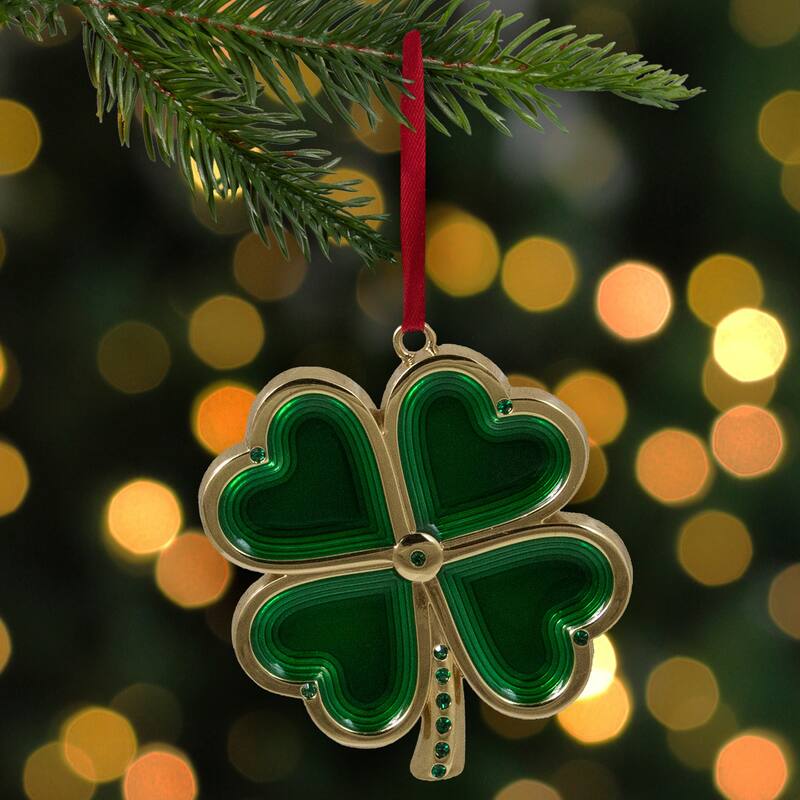 3.25" Green and Brass-Plated Shamrock Christmas Ornament with European Crystals