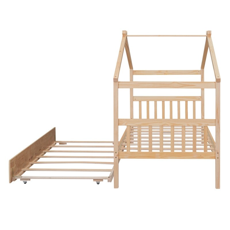 Twin Size House Shaped Platform Bed with Twin Size Trundle, Solid