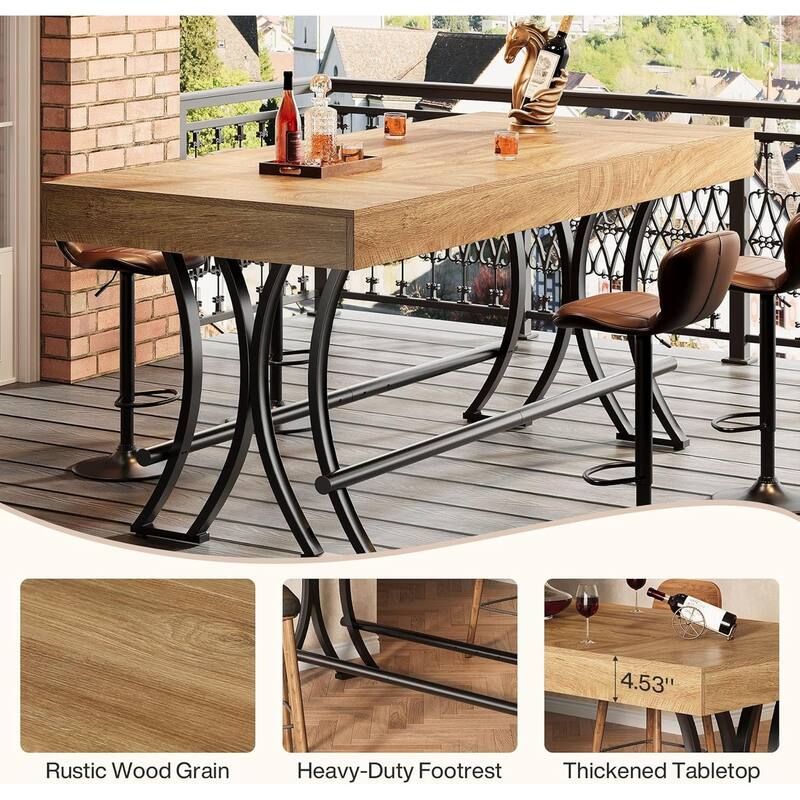 63" Tall Bar Pub Table with Metal Footrest, Rectangular Counter Height Kitchen Dining Table, Industrial Home Bar Unit