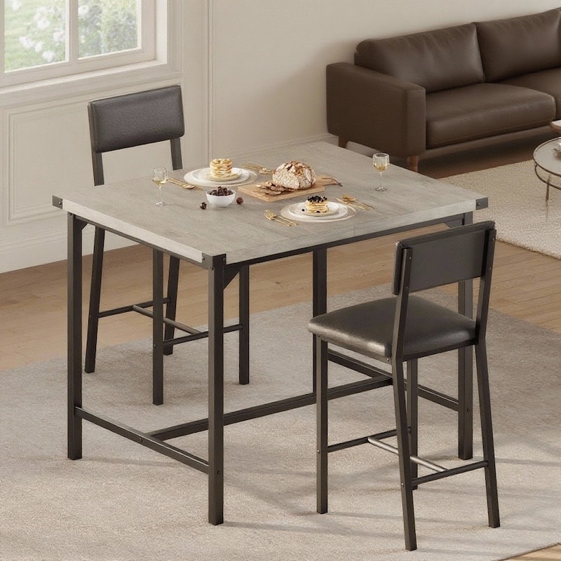 3-Piece Kitchen Table Set, with 2 Upholstered Bar Stools - Grey