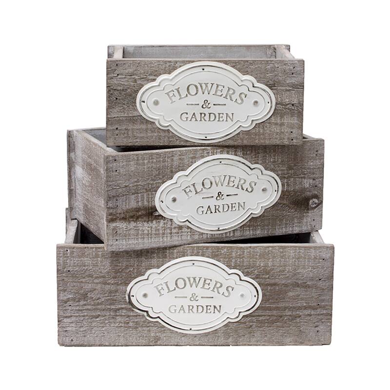 Set of 3 Flowers and Garden Wood Storage Boxes