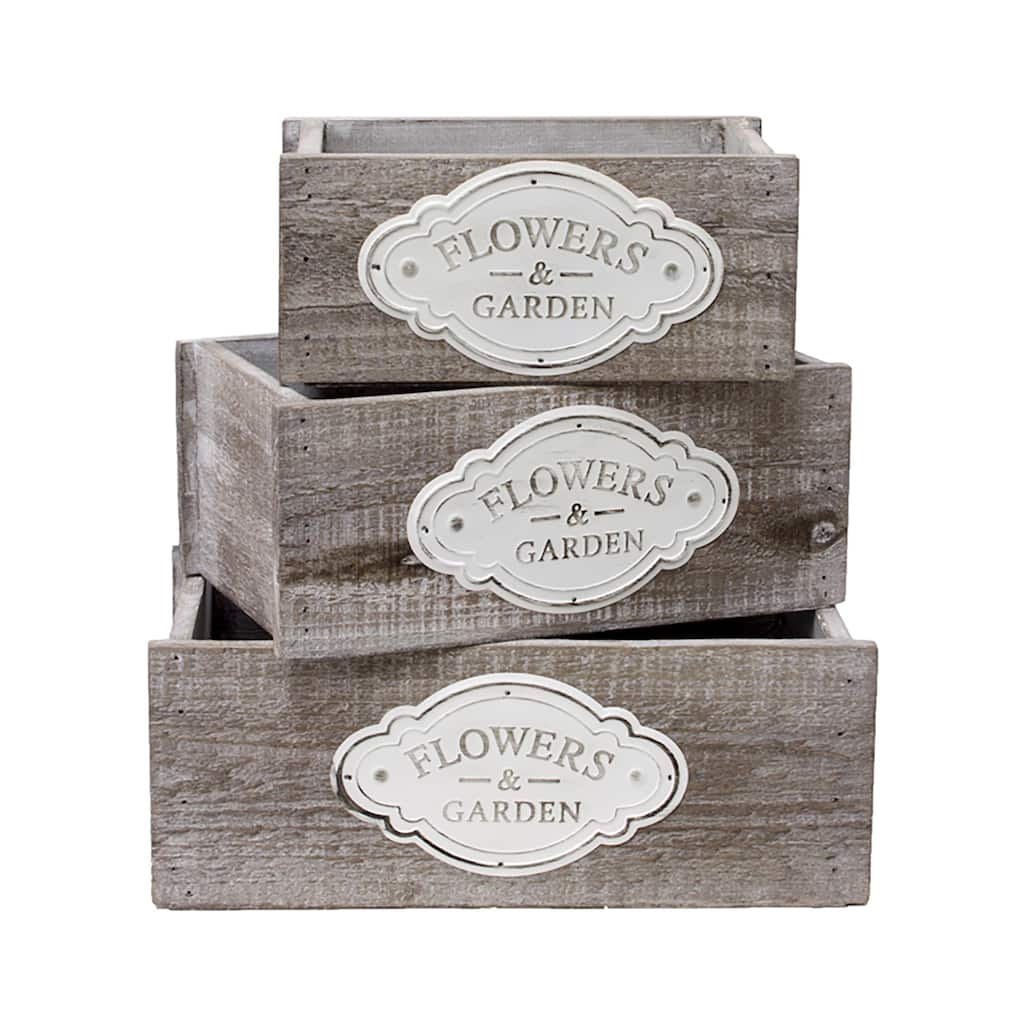 Set of 3 Flowers and Garden Wood Storage Boxes