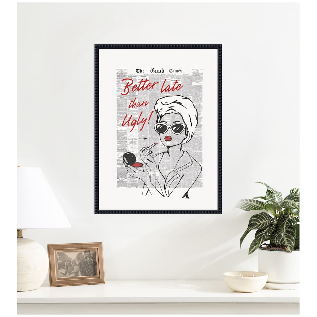 Kate and Laurel Better Late Than Ugly Newspapers by Honey Island Studio Framed Canvas Wall Art Print
