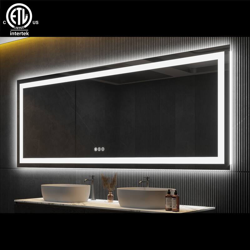 Large Rectangular Frameless Anti-Fog LED Light Wall Mounted Bathroom Vanity Mirror in White - N/A - 95" * 36"