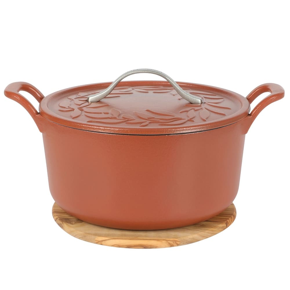 Bloomhouse 7 Qt Cast Iron Dutch Oven W/ Embossed Lid, European Matte Enamel, & Olive Wood Trivet