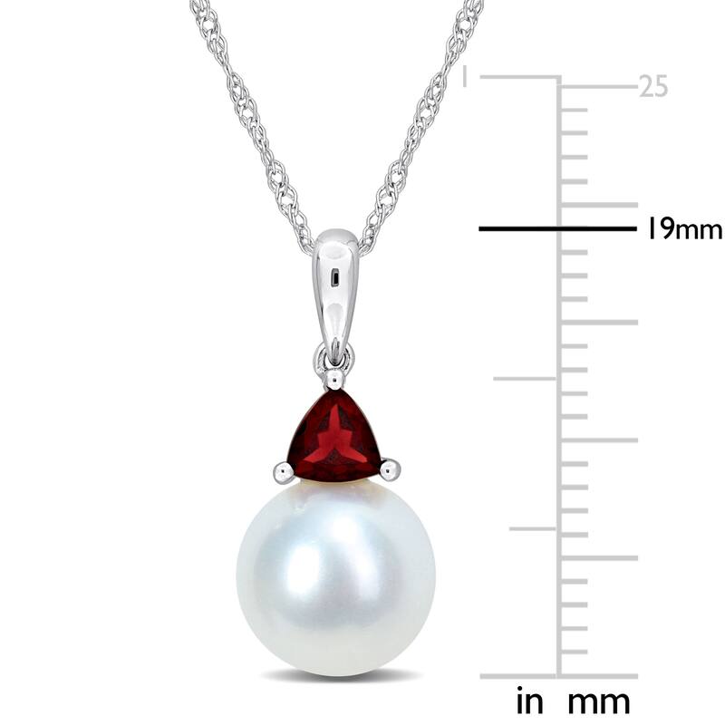 Miadora 8-8.5mm Cultured Freshwater Pearl and 1/3ct TGW Garnet Pendant with Chain in 10k White Gold - 19 mm x 8.3 mm