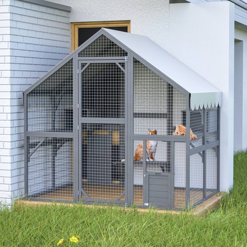 Large Outdoor Cat Catio Enclosure, Wooden Walk in Cats House Outside, Cat Shelter Kitty Cage with 2 Doors & 2 Hiding Houses