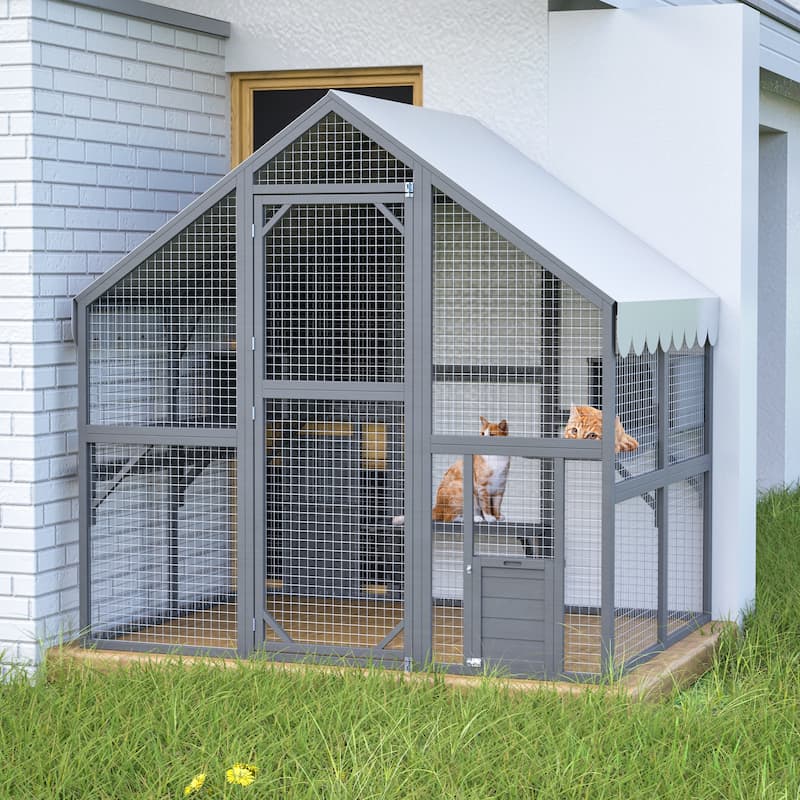 Large Outdoor Cat House - 28ft² Walk-In Wooden Catio with Cat Doors, Playpens, Bridges & Roof, Grey