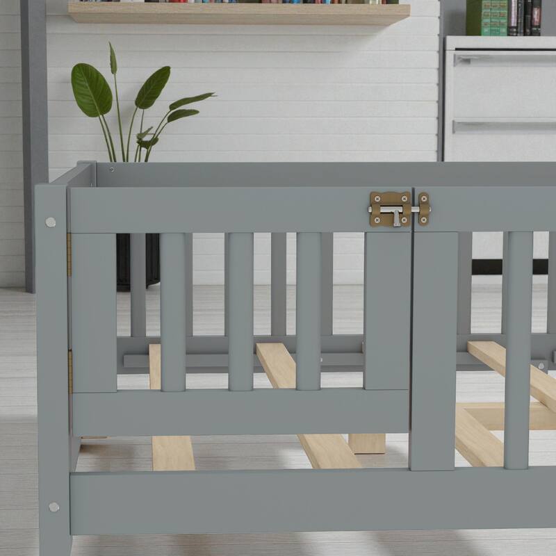 Twin/Full/Queen Size Wood Floor Bed with Door and Guardrails for Kids, Montessori Bed with Removable Slats