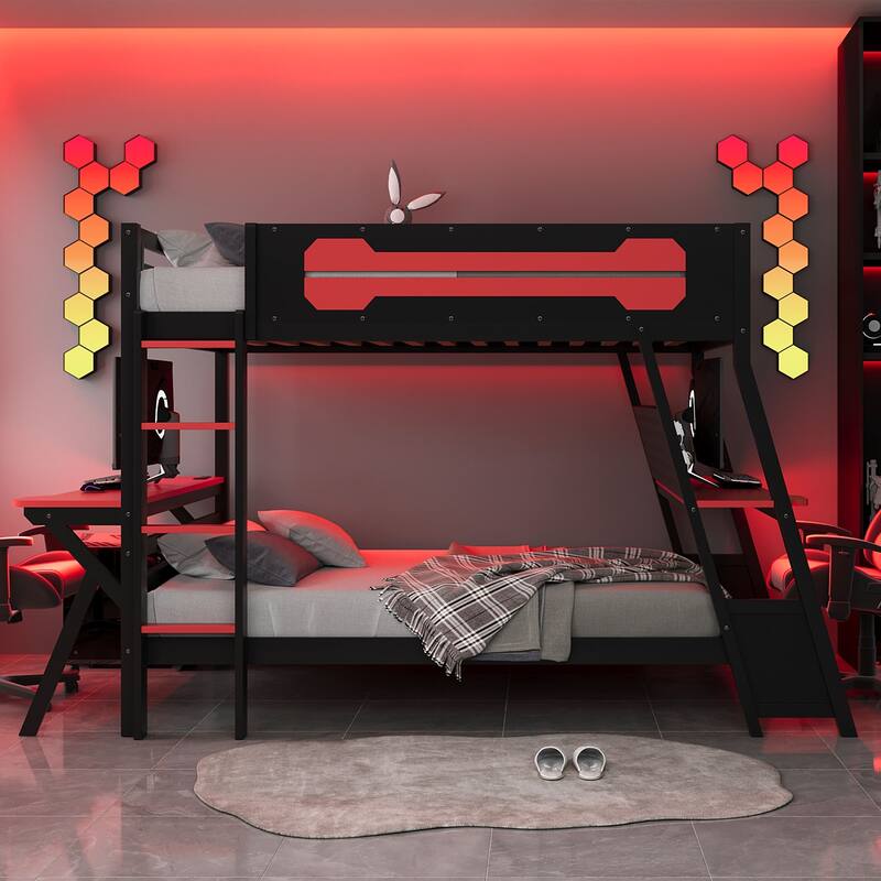 Full Size Bunk Bed with Two Built-In Gaming Desks, USB Desktop Ports & Pegboard Organizer, Gaming Bunk Frame