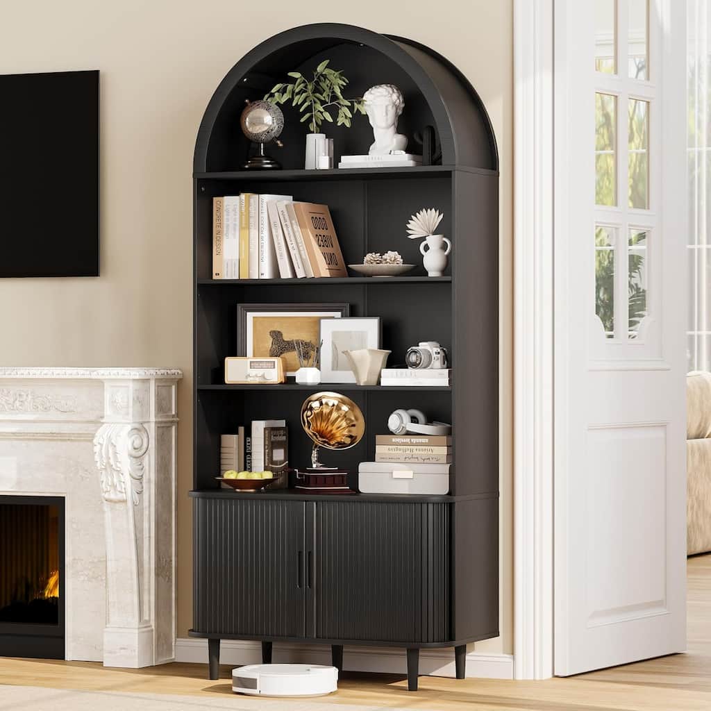 71" Tall Arched Bookshelf,5 Tiers Arch Bookcase,Modern Farmhouse Display Cabinet with Adjustable Shelves and Sliding Doors