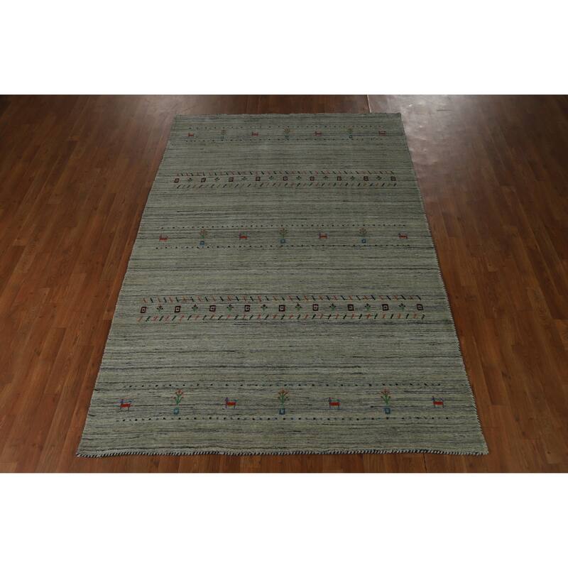 Hand Knotted Oriental 100% Wool Carpet Tribal Animal Pictorial Greys & Charcoal Gabbeh Area Rug - 8' 0'' X 5' 5''