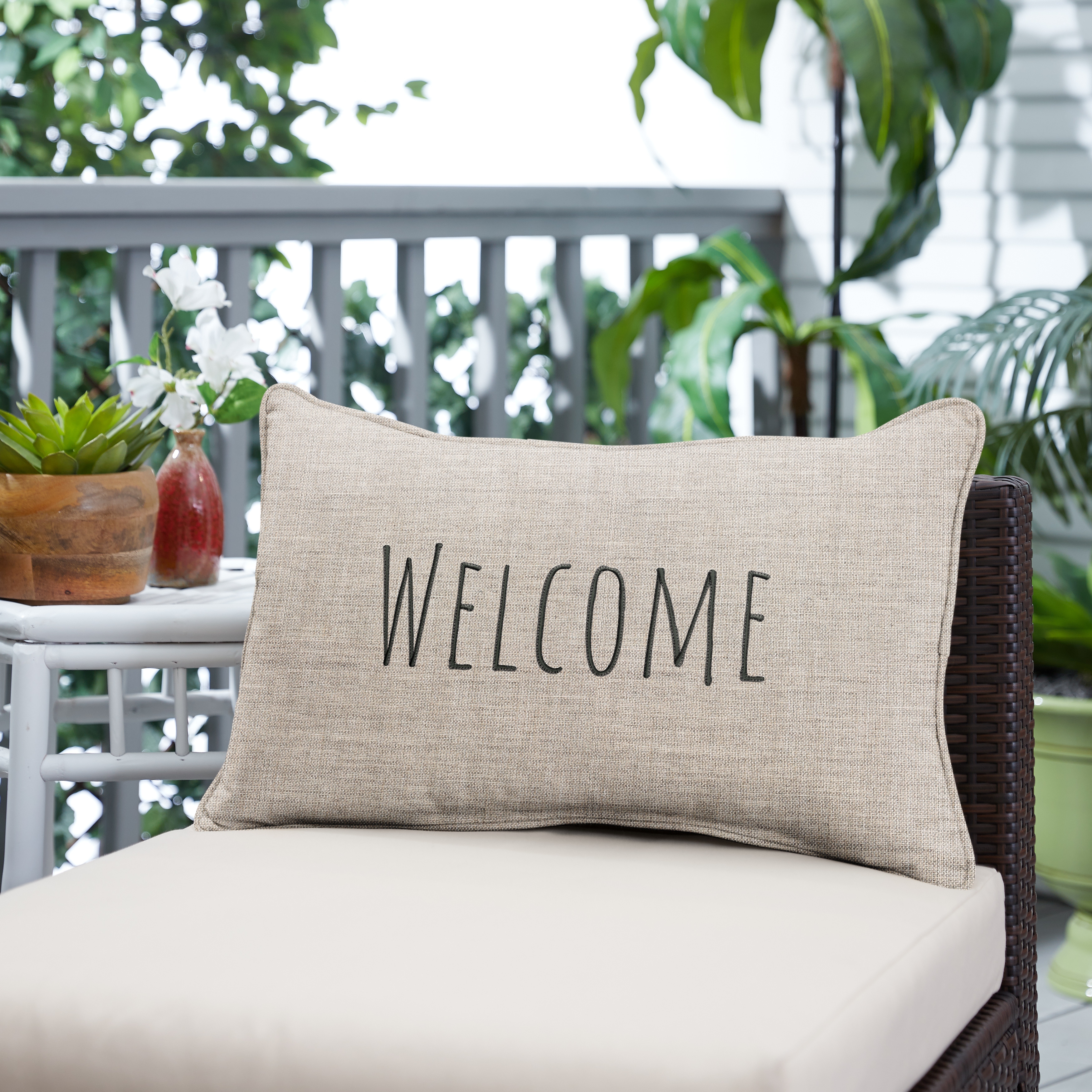 Sunbrella Canvas Embroidered Welcome Indoor Outdoor 13x20 Corded Lumbar Pillow Single On Sale Bed Bath Beyond 33851314