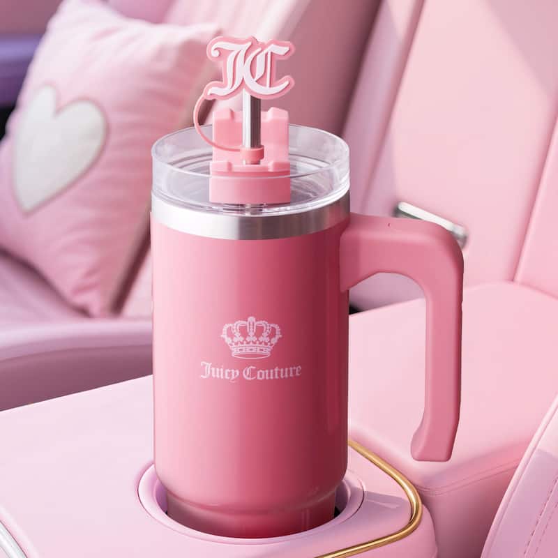 Juicy Couture Jetsetter Hydration Stainless Steel Tumbler with Handle, Straw & Topper with Velour Crossbody Pouch