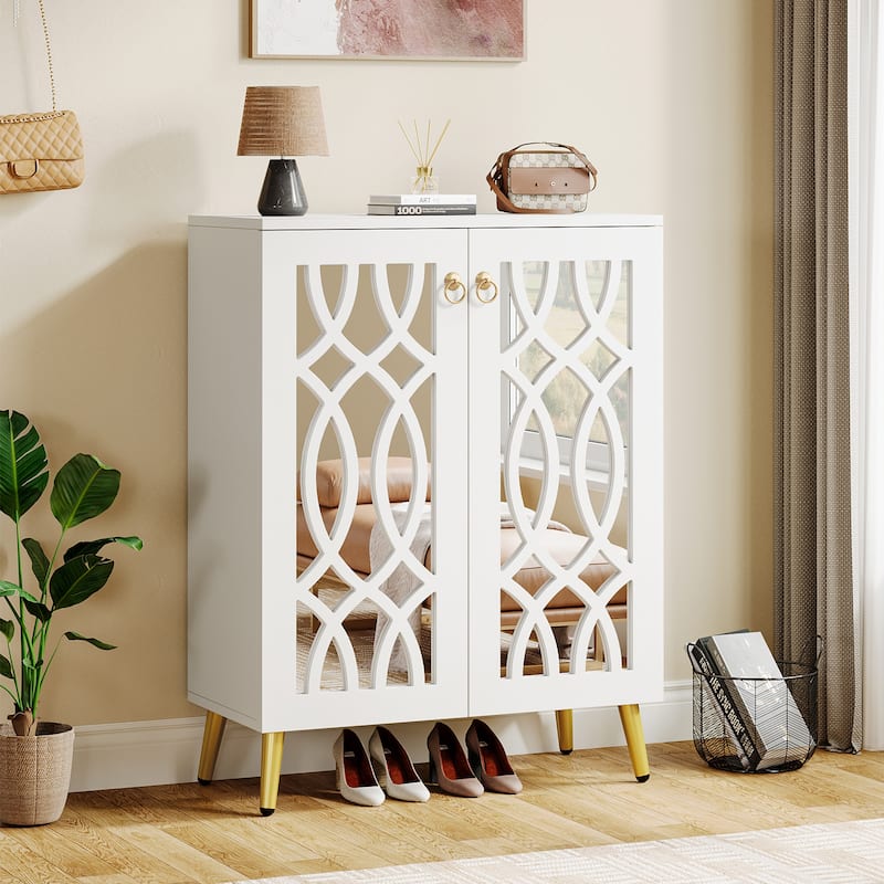 5-Tier Mirrored Shoe Cabinet with Door, 25-Pair Modern Shoe Storage Organizer - White