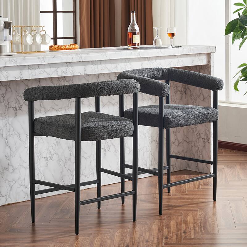 Modern Upholstered Bar Stools Set of 2, Fabric Counter Height Chairs with Metal Frame & Armrests, Kitchen Island Bar Chairs
