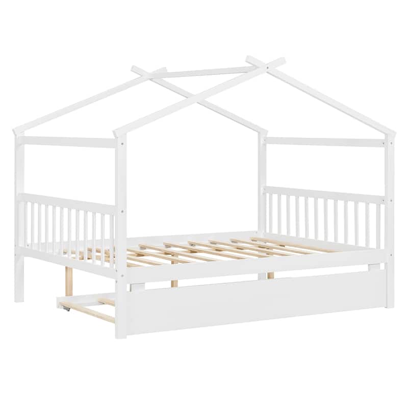 Creativity House Bed Twin/ Full Size Frame with Trundle for Boys Girls, Wood Platform Bed with Roof No Box Spring Needed