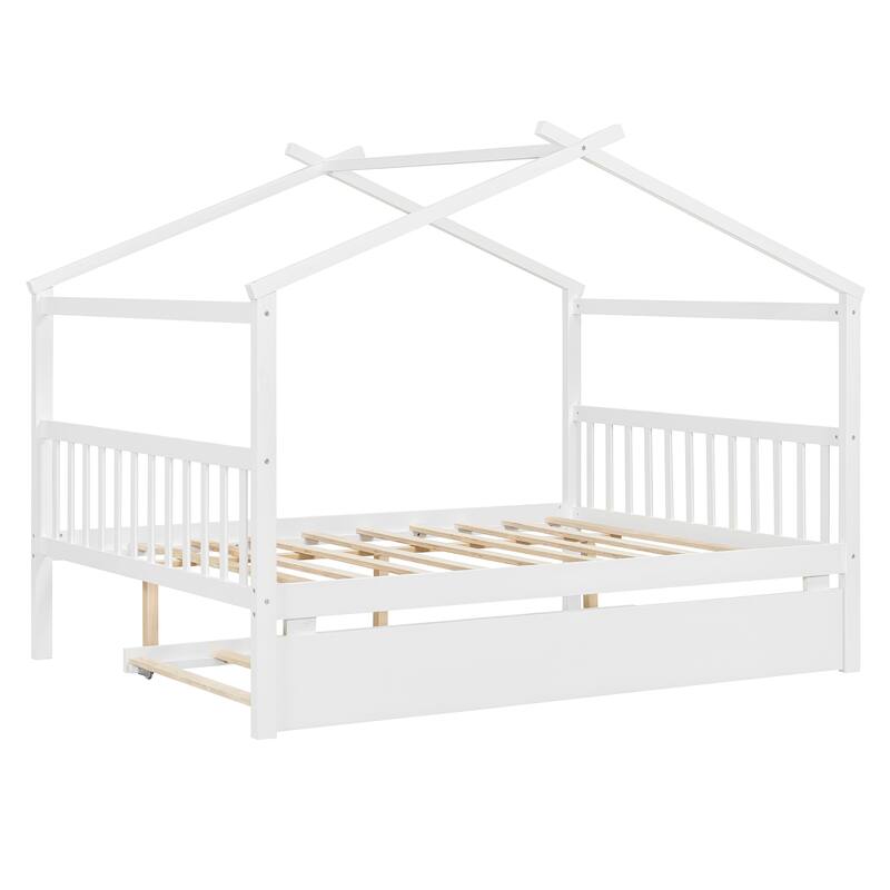 Roomfitters Full Size Wooden House Bed with Twin Trundle, Floor Bed Frame for Bedroom, White