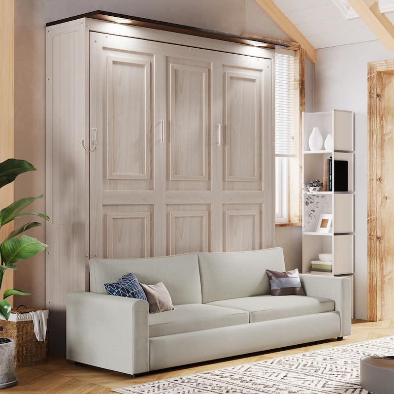 Roomfitters Queen Murphy Bed with Foldable Sofa and LED Lights, Space Saving, Beige - Beige - Queen