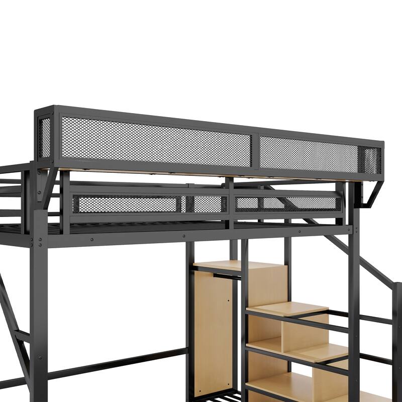 Heavy Duty Metal Storage Loft Bed with Bedside Shelf and Under Bed Storage, Iron High Loftbed Frame with Built In Wardrobe