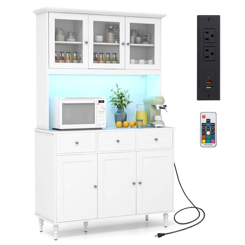 Gymax 77'' Tall Kitchen Pantry Storage Cabinet with LED Lights and - White