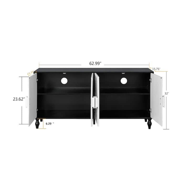 63" Accent TV Stand with Carved Doors & Wood Legs for Living Room