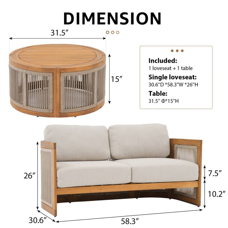 Outdoor 2-personWooden Conversation Sofa Set
