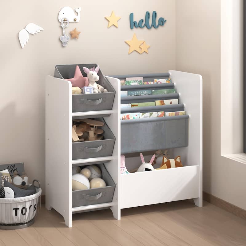 Kids Bookshelf and Toy Storage Organizer, Multifunctional 4 Tier Kids Book Shelf with 3 Collapsible Fabric Drawers