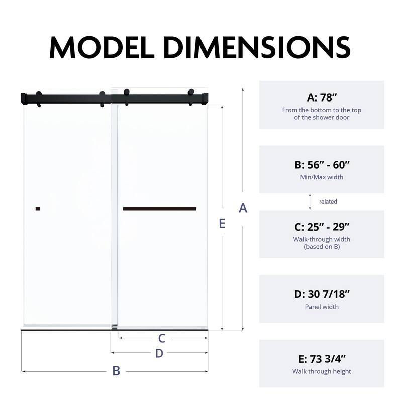 VS Series 56" - 60"W x 78H" Soft Closing Frameless Double Sliding Shower Doors With 3/8" Clear Tempered Glass