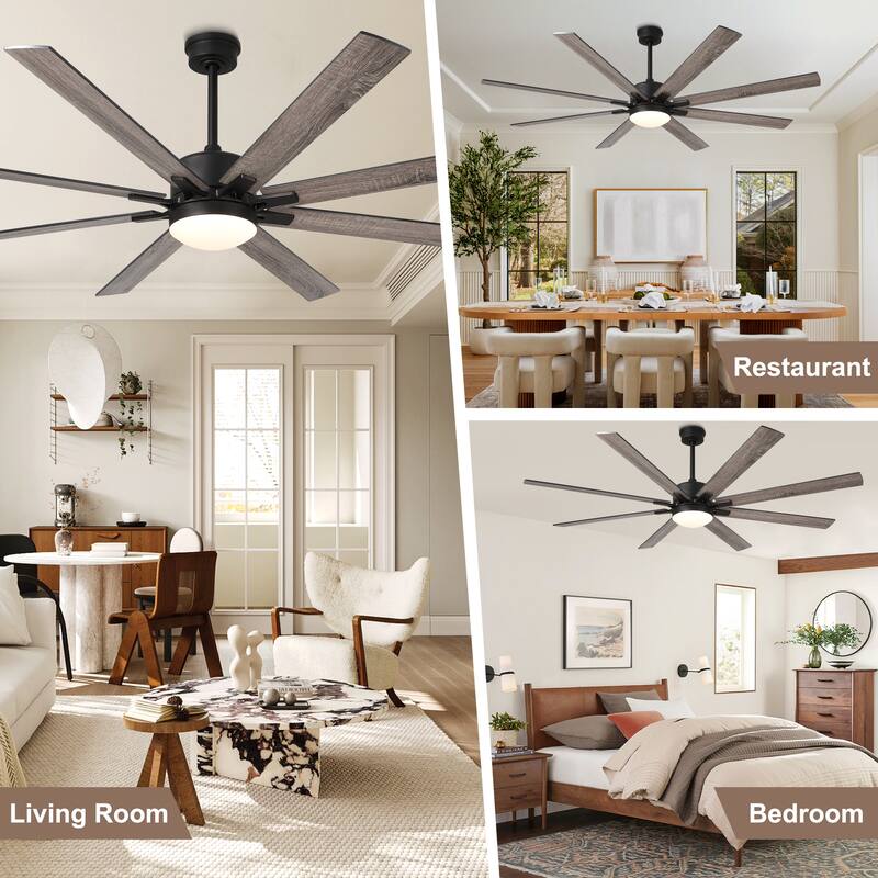 CurveCurio 72" Large Farmhouse Ceiling Fan w/ Solid Wood Blades and LED Light Kit, Quite DC Motor 6 Speed w/ Remote Control