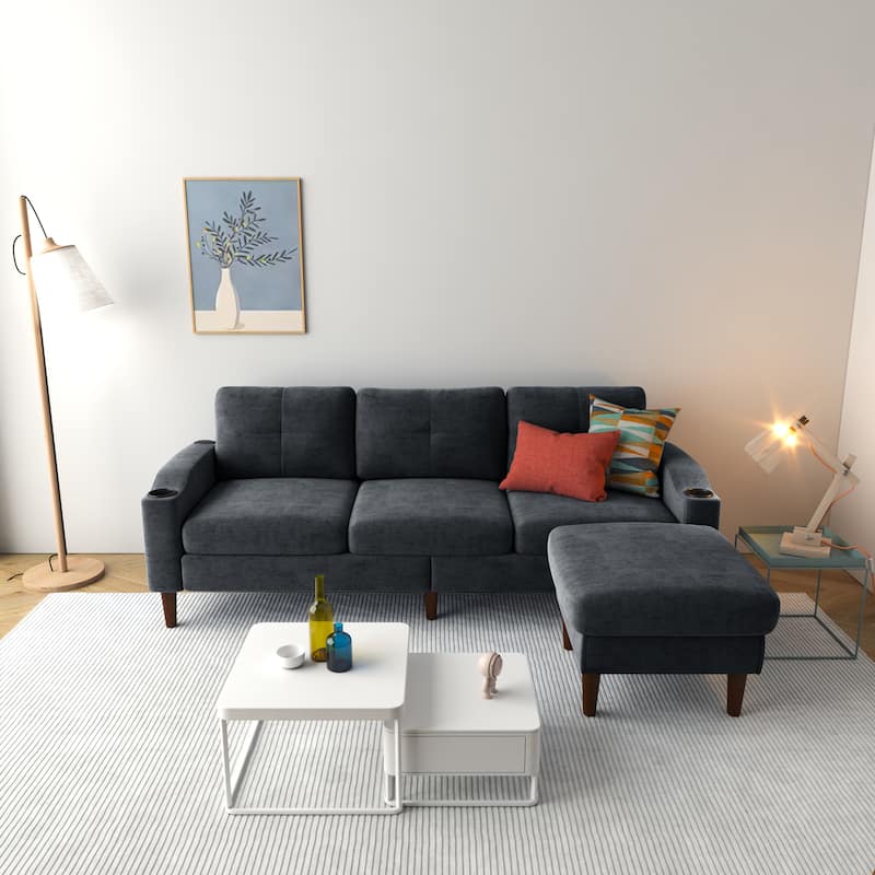 Grey 78.74'' Versatile L-Shaped 3-Seater Sofa with Storage and Footstool, Built-in USB Ports, and Cup Holders - Dark Gray