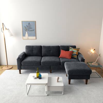 Living Room L-shaped Sectional Sofa w/ Storage Ottoman, Small Space 3 Seat Sectional Sofa w/ USB Port & Cup Holder, Dark Grey