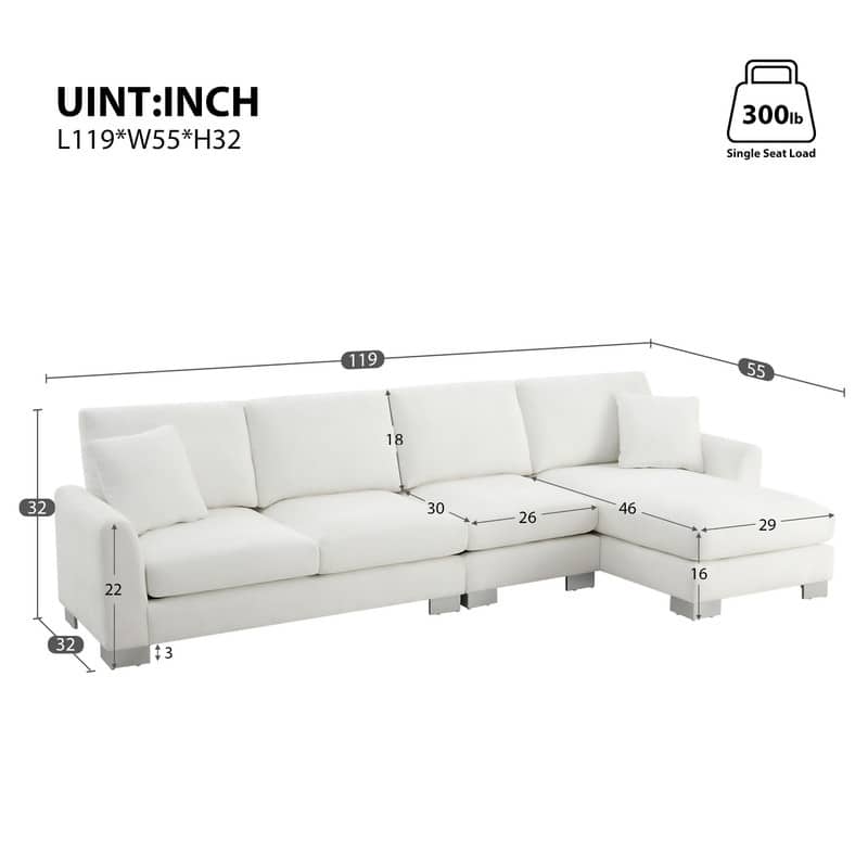 119" Modern Four-Seat L-Shaped Sofa with Two Pillows