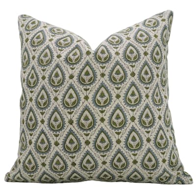 Fabdivine Floral Cushion Cover for Rustic Home Accent in Thick Linen Hand Block Fall Décor Green Pillowcase, Papaya Leaf