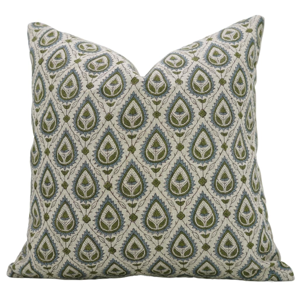 Fabdivine Floral Cushion Cover for Rustic Home Accent in Thick Linen Hand Block Fall Décor Green Pillowcase, Papaya Leaf