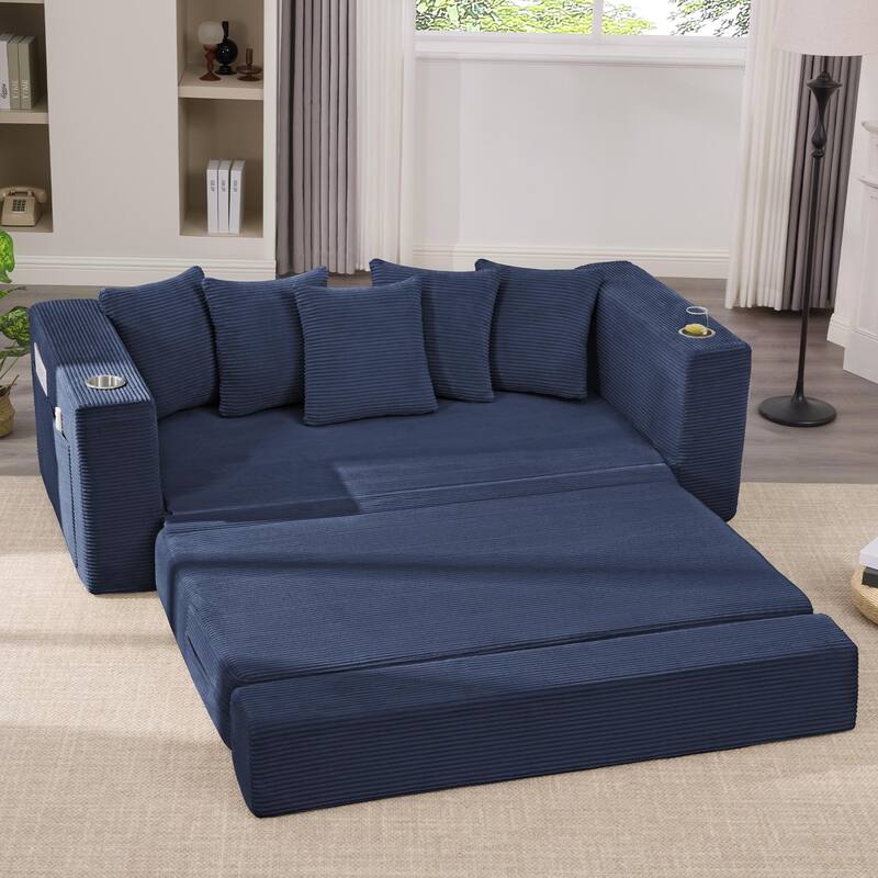 2-in-1 Convertible Sleeper Sofa, Floor Folding Couch, Sofa Bed with Side Pocket, Pull Out Loveseat with Cup Holders