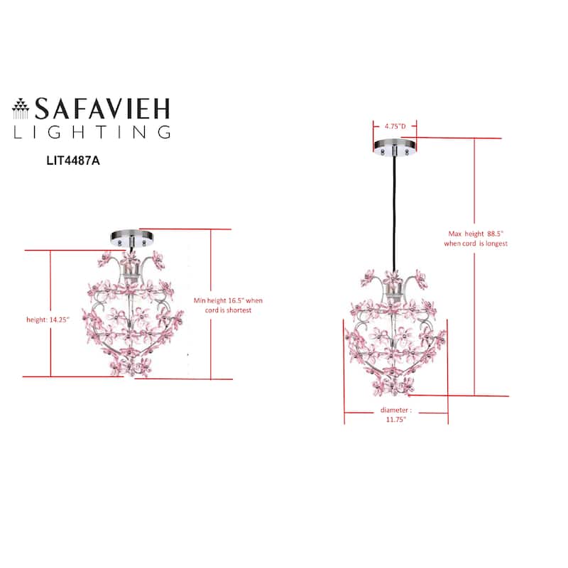 SAFAVIEH Lighting Kori 12-inch Floral Chrome/ Pink Adjustable Pendant Lamp - 11.75"x11.75"x16.5-88.5"