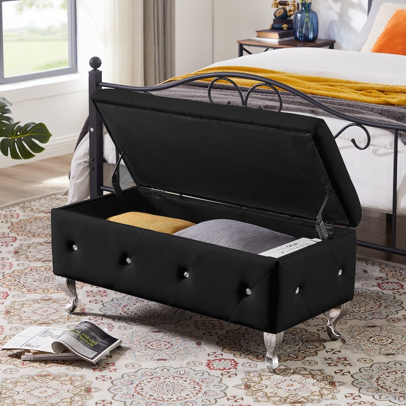 PU Tufted Fabric Storage Bench with Flip Top and Sturdy Metal Feet