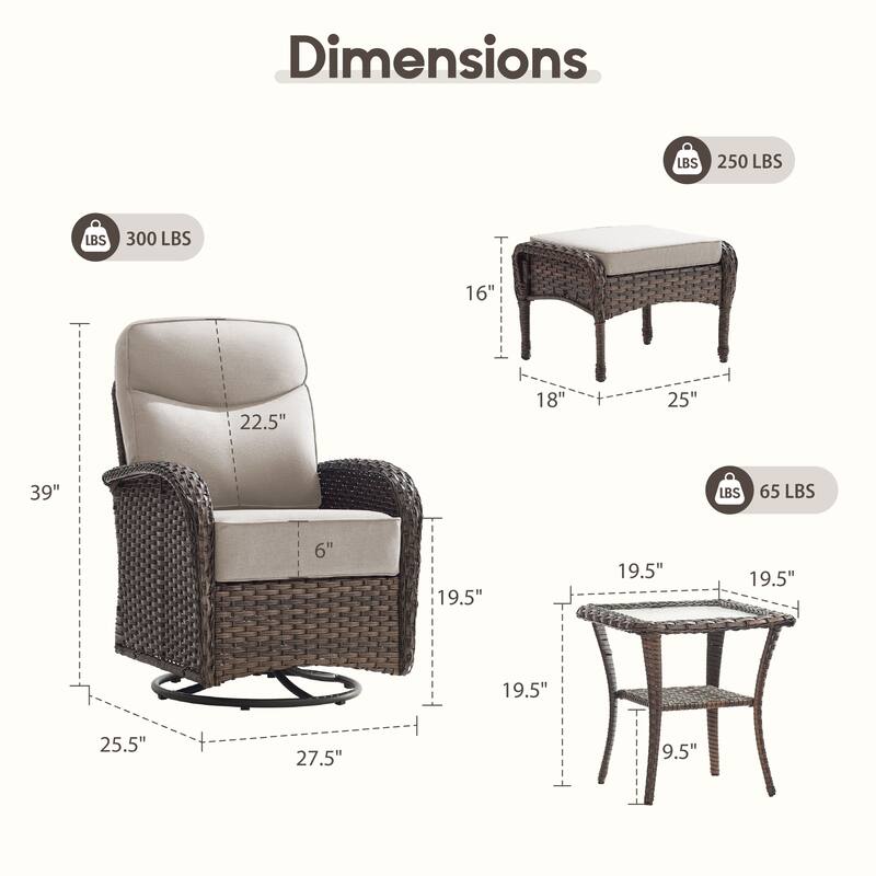 Meyreso 10-Piece Wicker Patio Swivel Glider Set with 6-Inch Thick Cushions and Ottomans