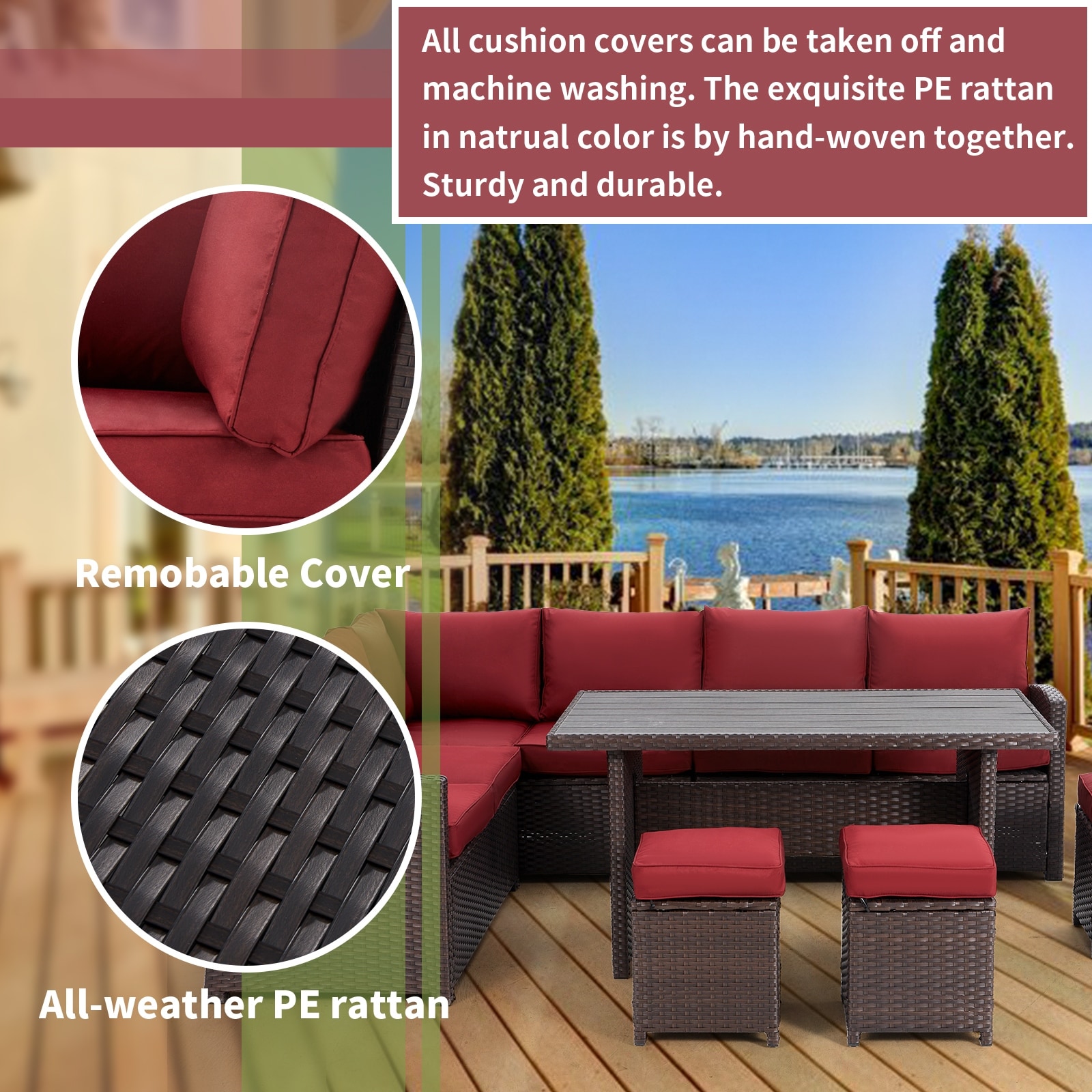 AECOJOY Outdoor 7 piece Wicker Dining Set Patio Sofa Furniture