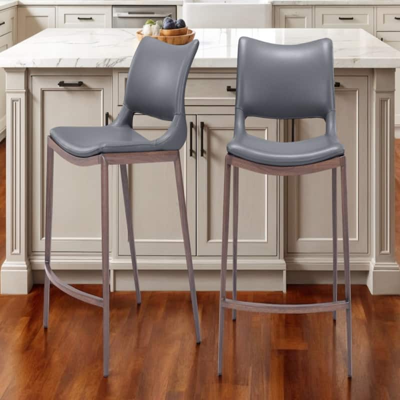 Set of 2 Faux Leather Counter Height Bar Stools with Footrest - 22.4” x 20.1” x 37.2” - Dark-Grey-Brown
