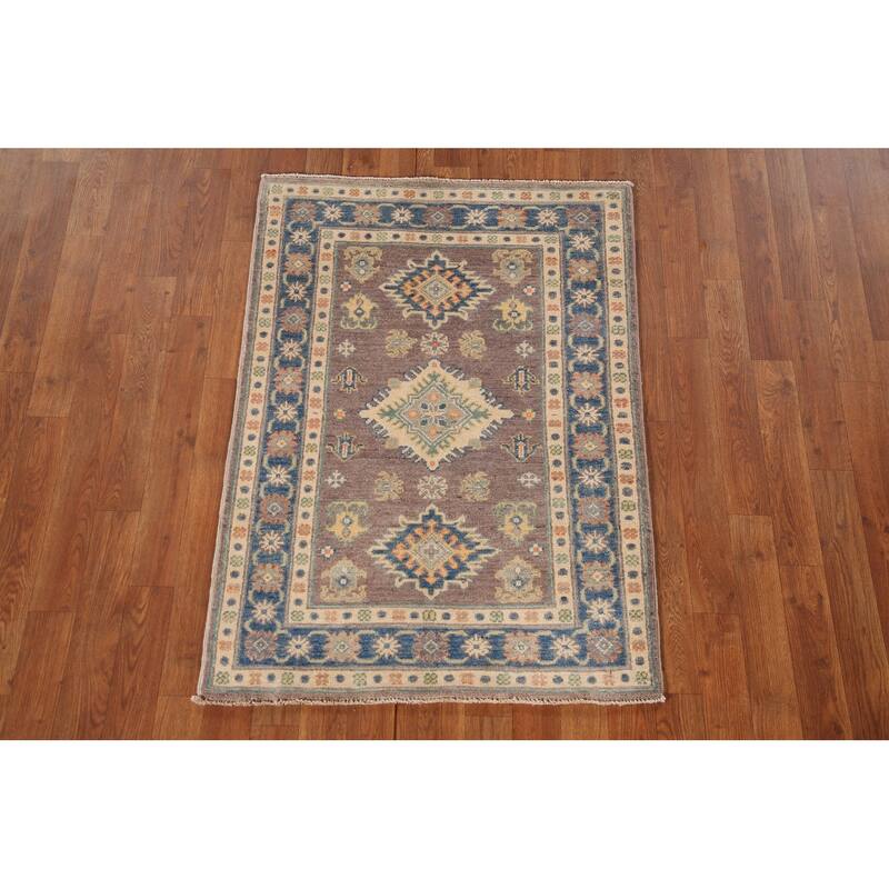 Geometric Kazak Oriental Accent Rug Hand-Knotted Beige Wool Carpet - 2'8"x 3'10"